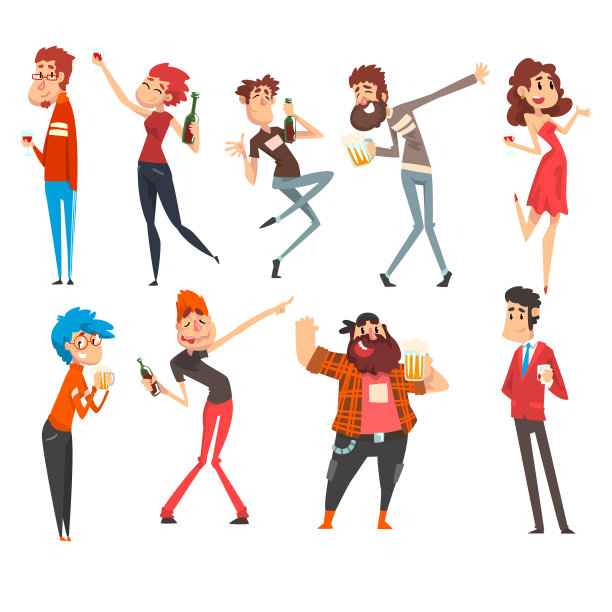 微笑喝醉的人设置，喝醉的男人和女人走路喝醉了酒精饮料瓶子和杯子在他们的手矢量插图图片下载