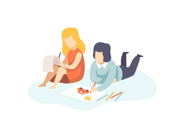 可爱的男孩和女孩用铅笔画画，儿童创造力，教育，发展矢量插图图片下载