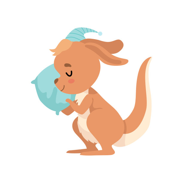 可爱的婴儿袋鼠睡觉与枕头，棕色袋鼠澳大利亚动物性格矢量插图图片下载