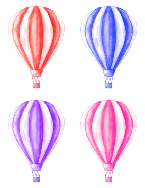 一组热气球。水彩手绘插图。孤立在白色背景上。图片下载