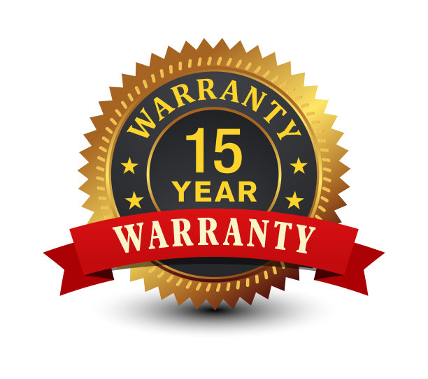 15年保修金徽章，红丝带隔离在白色背景上。图片下载