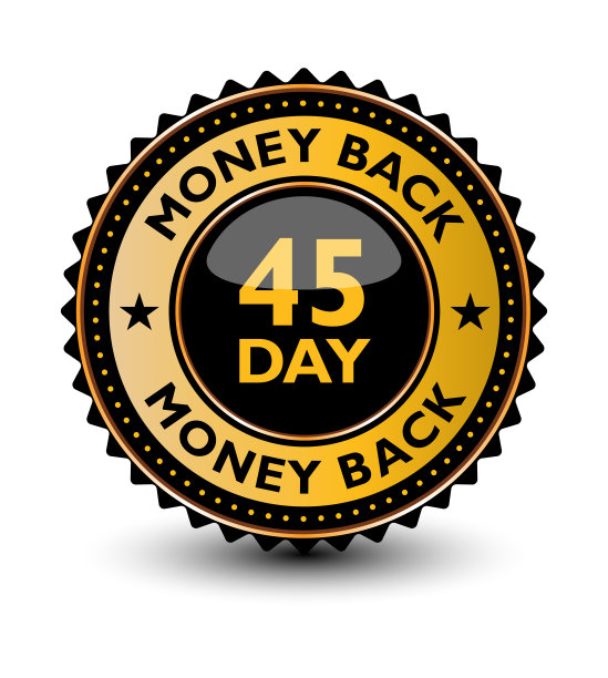 高质量的45天退款保证金色和黑色徽章，标签，标志隔离在白色背景。图片下载
