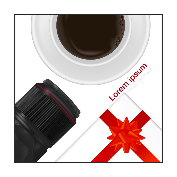 现实的工作组织。俯视图与单反专业相机，一杯咖啡和礼物。办公用办公桌，桌子上有文具。EPS10。矢量插图。图片下载