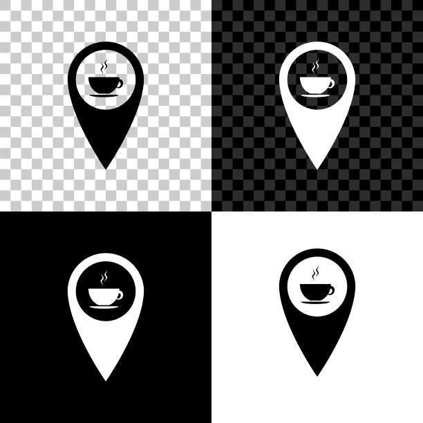 热咖啡杯图标地图指针矢量图（黑色、白色和透明背景）图片下载