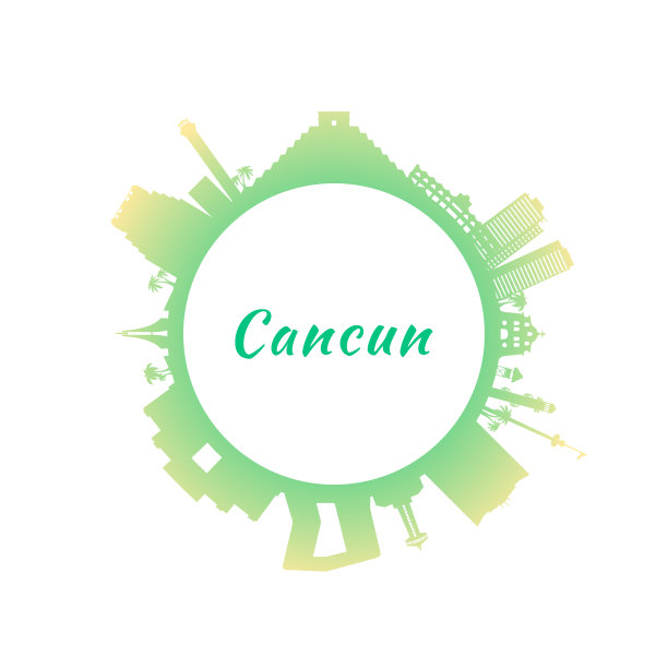 坎昆的天际线上有五颜六色的建筑。圆的风格。矢量插图。图片下载