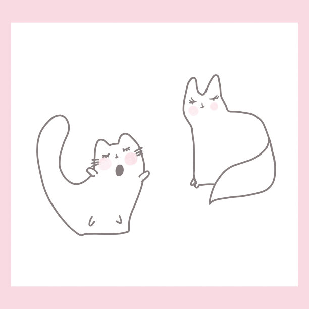 线条艺术卡通猫涂鸦风格勾勒不同姿势。可爱的猫集:爱的夫妇，尖叫，唱歌的春天猫和滑猫。数字插图灰色钢笔和粉红色的脸颊一条线孤立图片下载