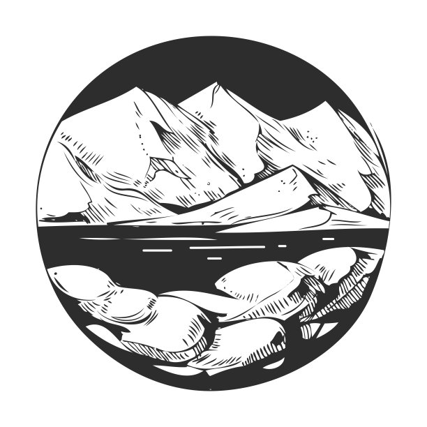 野生自然景观有山、湖、松、石。手绘插图转换为矢量。非常适合旅游广告，小册子，标签，传单装饰，服装，t恤打印。图片下载