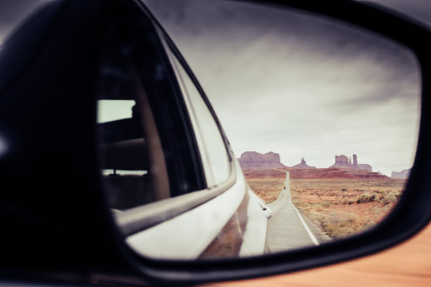 汽车后视镜中的美国沙漠道路景观消失点图片下载