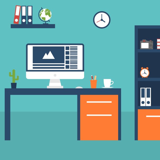 平面矢量插图的现代工作场所在房间图片下载