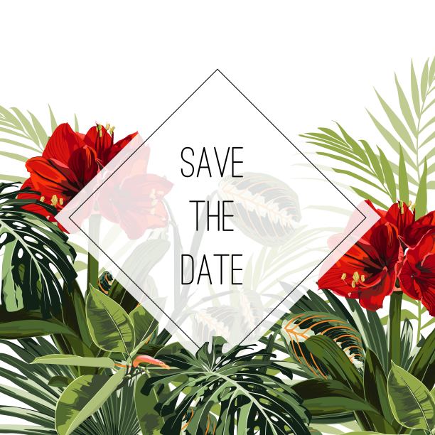 婚礼婚礼活动邀请卡模板。红色的百合花，亮绿色的异国情调的热带怪物棕榈树叶子。图片下载