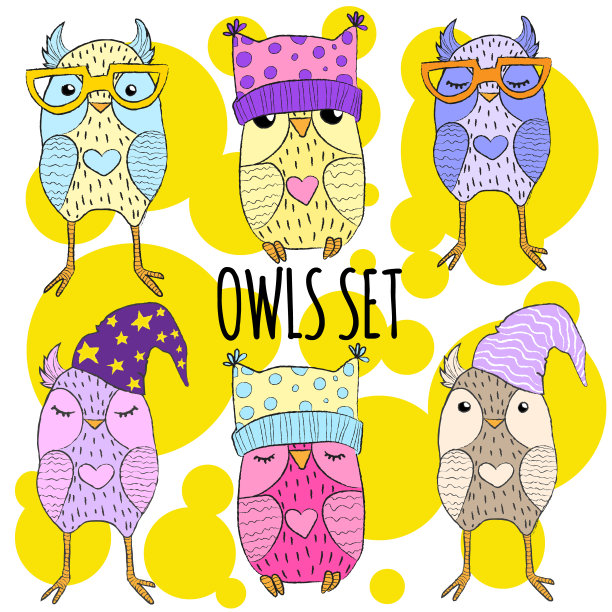 矢量集手绘插图与孤立的彩色有趣的猫头鹰在时尚的帽子和玻璃在卡通风格与蜡笔线在明亮的泡沫背景图片下载
