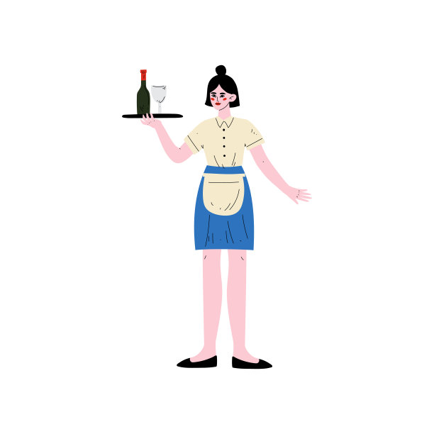 带托盘的服务员，端饮料的女孩，蓝色矢量图中的酒店员工角色图片下载