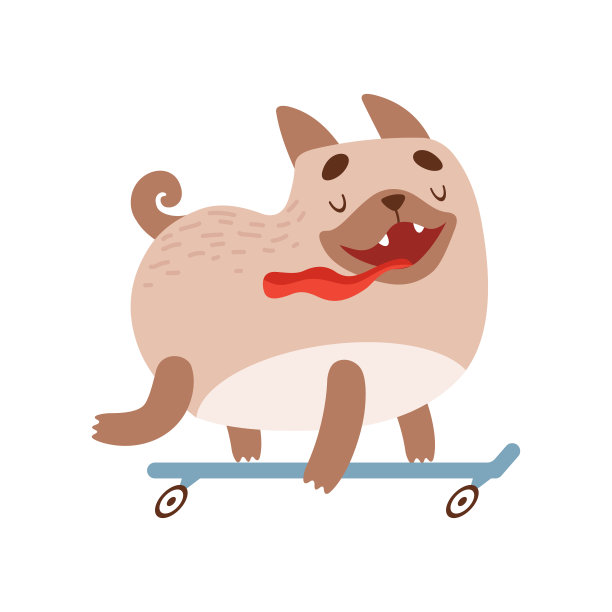 可爱快乐的哈巴狗骑滑板，有趣友好的动物宠物字符矢量插图图片下载