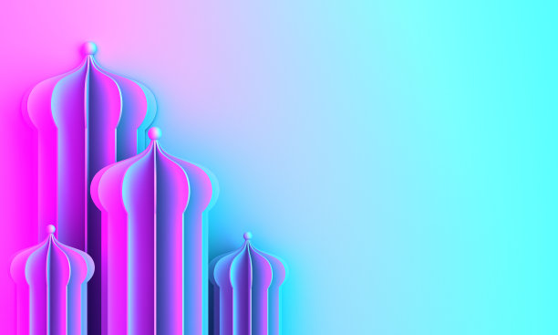 阿拉伯窗或清真寺剪纸o蓝色紫罗兰紫色粉红色梯度背景。图片下载