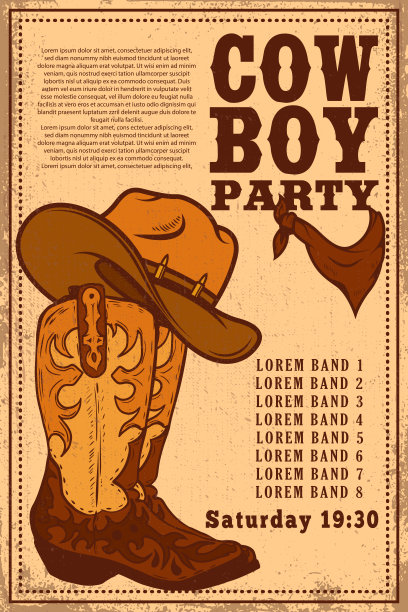 牛仔派对。海报模板与牛仔靴在垃圾摇滚背景。矢量图图片下载