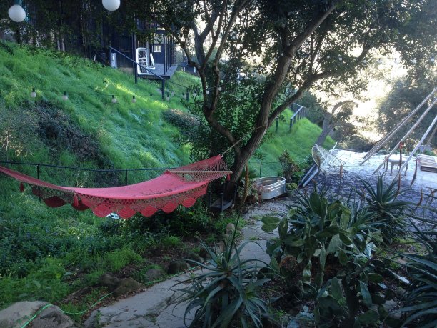 后院挂着一张红色吊床图片下载