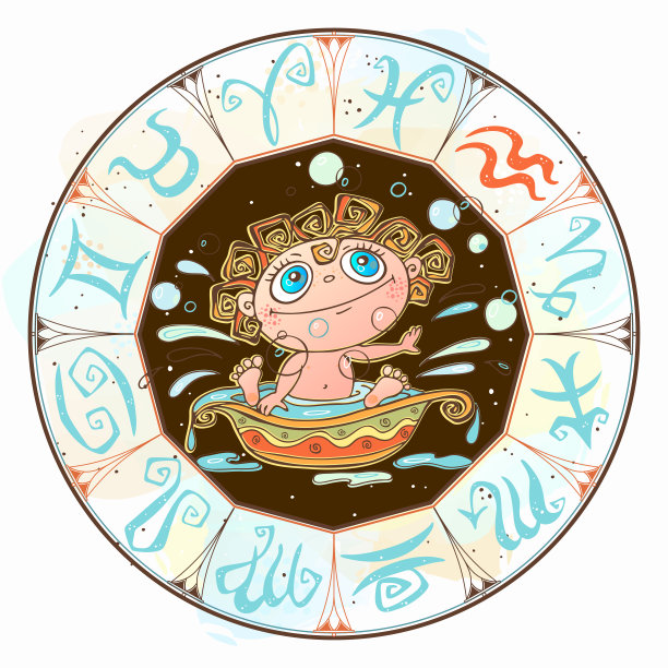 十二生肖给孩子。水瓶座星座。向量。作为卡通人物的星象符号图片下载