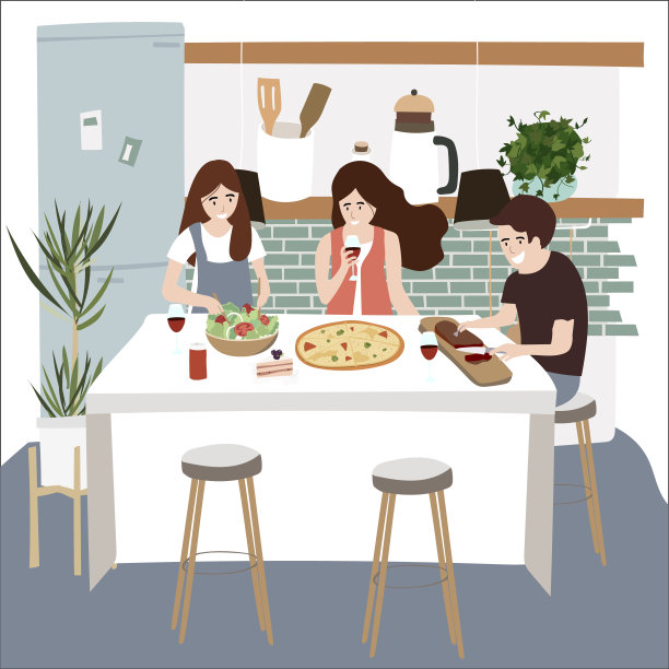 厨房中的家庭人物设计与烹饪活动图片下载