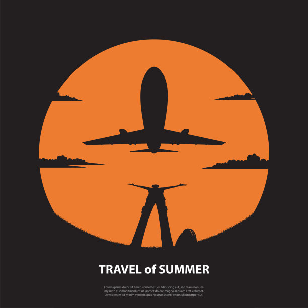 一个人站在飞机下举手的剪影在夕阳的天空中飞翔图片下载