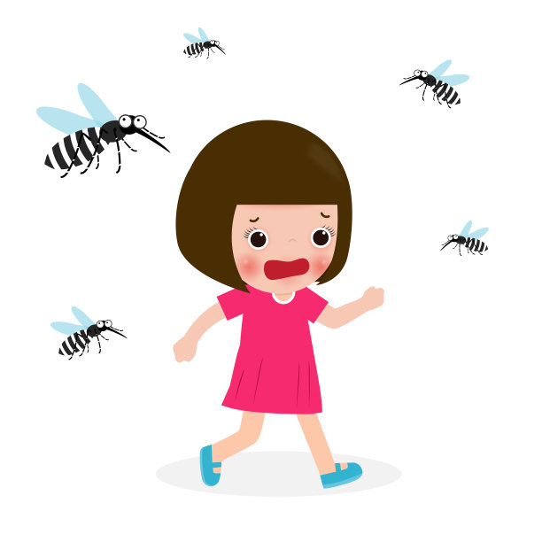 儿童逃离逃离登革热蚊子，寨卡病毒，疟疾，黄热病，埃及伊蚊在白色背景分离图片下载