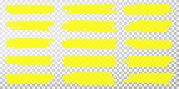 萤光笔线。手绘黄色荧光笔笔画。用于下划线的一组透明荧光荧光笔图片下载