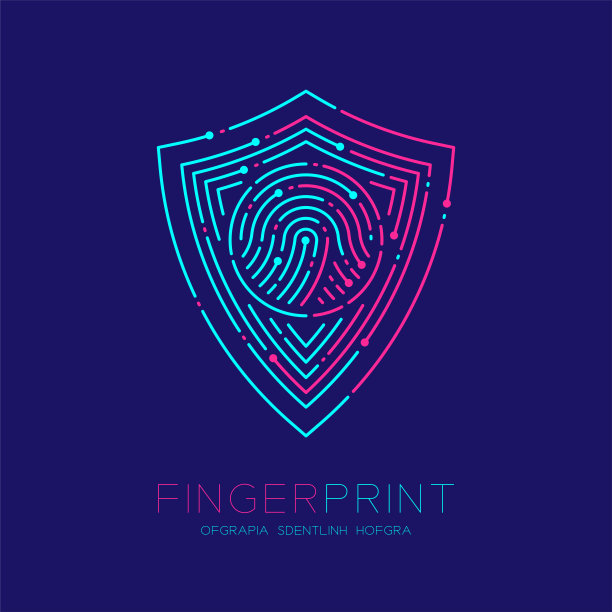 盾牌形状图案指纹扫描标志图标虚线，安全隐私概念，可编辑的描边图蓝色和粉红色孤立在蓝色背景与指纹文本和空间，向量eps图片下载