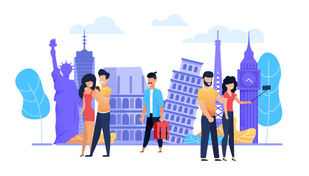 快乐微笑的游客参观不同的地标图片下载