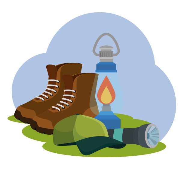 带灯的靴子和帽子去大自然露营图片下载