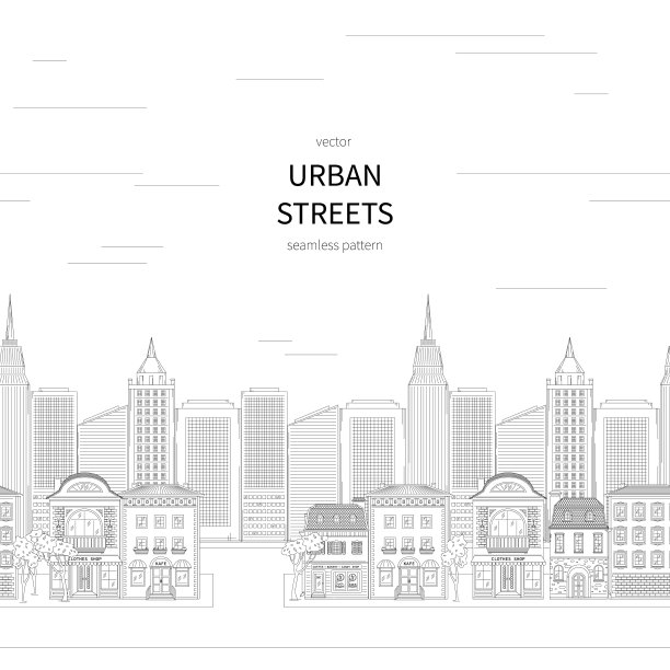 城市街道与城市建筑无缝模式。商店和高层住宅线条艺术风格矢量黑白插画背景。图片下载