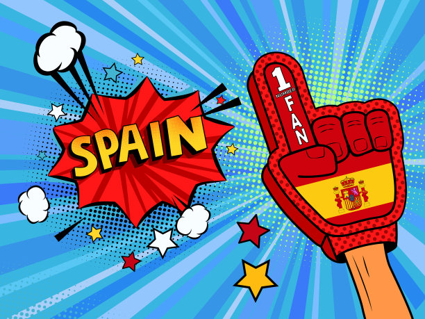 体育迷男性手戴手套举起庆祝西班牙国旗获胜。西班牙语泡沫的星星和云。矢量彩色扇形插画图片下载