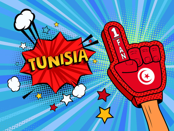 体育迷男性手戴手套举起庆祝突尼斯国旗的胜利。突尼斯语气泡与星星和云。矢量彩色扇形插画图片下载