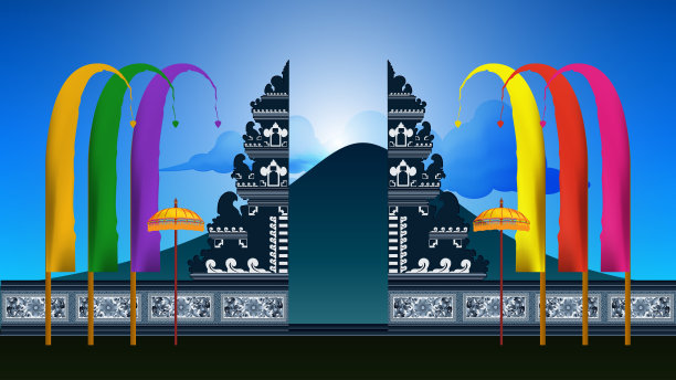 在巴厘岛，蓝濮阳寺大门与山蓝天全景图片下载