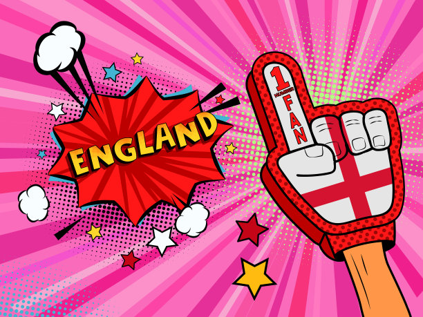 体育迷男性手戴手套举起庆祝英格兰国旗获胜。英国语气泡与星星和云。矢量彩色扇形插画图片下载