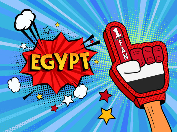体育迷男性手戴手套举起庆祝埃及国旗的胜利。埃及的言论泡泡里满是星星和云彩。矢量彩色扇形插画图片下载