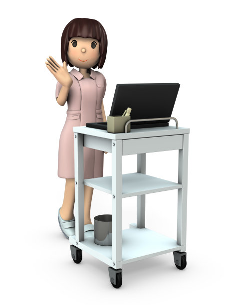 一个年轻的护士用医疗车巡逻。白色背景。3 d演示。图片下载