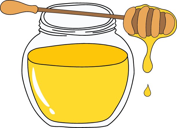 圆形水晶瓶，金灿灿的蜂蜜木勺，滴着甘露。手绘涂鸦矢量插图在儿童卡通风格。健康的甜食有机生产的自然补救概念图片下载