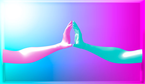 3 d演示。矢量图像。男士双手孤立，极简时尚背景，人体模型身体部位，帮助人之手，合作概念，粉蓝色柔和的颜色图片下载