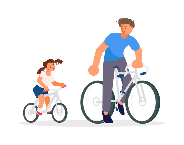 爸爸和女儿在骑自行车。图片下载