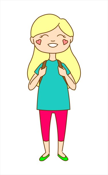 一个背着背包的女孩微笑着站在那里。女学生。玫瑰色的脸颊。心的脸颊。图片下载