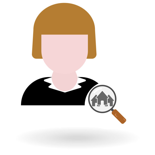 女性房地产经纪人平面图标与放大镜和房屋符号孤立图片下载