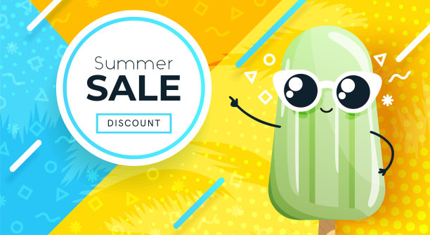 印有冰淇淋的夏季促销横幅。可爱有趣的卡通人物。彩色的夏天背景。折扣宣传册，海报，传单模板。美丽的现代设计。平面风格矢量插图。图片下载