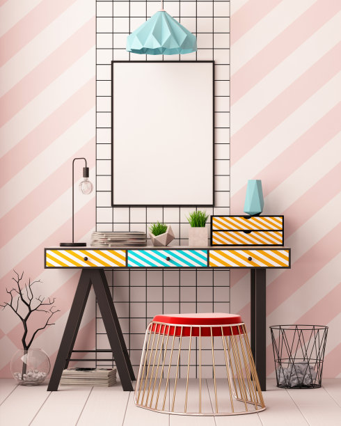 在工作场所的内部模仿海报。孟菲斯风格。3d插图3d渲染。图片下载
