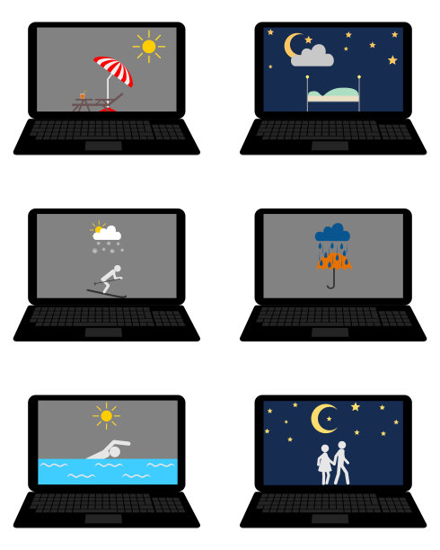 笔记本电脑上的各种天气符号和休闲活动图片下载