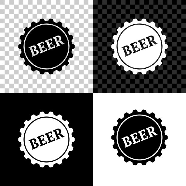 瓶盖带啤酒字样图标，黑白透明背景矢量插画图片下载