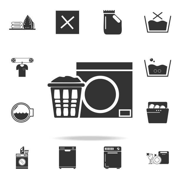 亚麻在篮子和洗衣机图标。详细的一套洗衣图标。优质的平面设计。收藏图标之一的网站，网页设计，移动应用程序图片下载