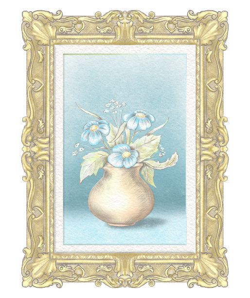 水彩和铅笔画的花瓶与鲜花在金色的框架图片下载