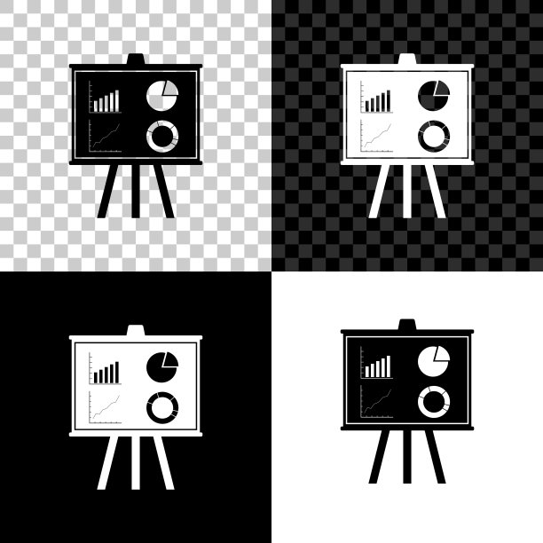 演示金融业务板与图形，图表，图表，饼图图标隔离在黑色，白色和透明背景上。信息图表板标志。矢量图图片下载