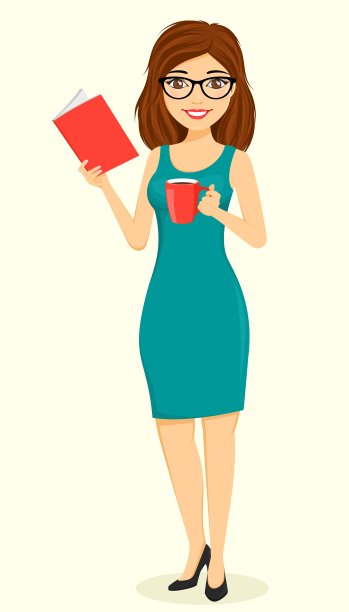 概念，年轻的商人女孩。一个女孩手里拿着一杯咖啡，正在看书。图片下载