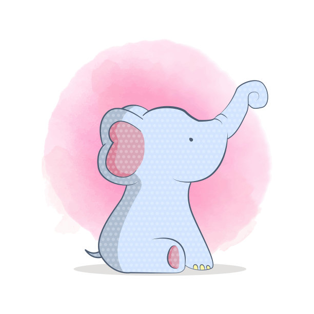 可爱的插图蓝色小象在粉红色水彩背景图片下载