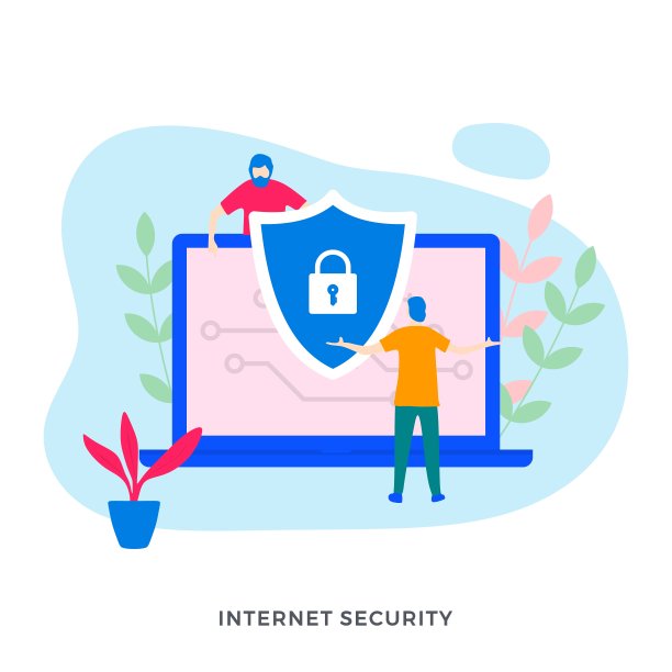 网络横幅的网络安全概念。一个简单的人站在带锁和盾牌的笔记本电脑附近。图片下载